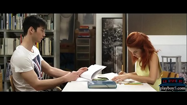 Redhead college student study room fuck with a guy